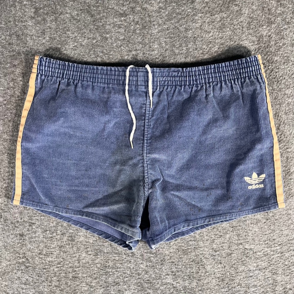 Vintage 70s Adidas Corduroy Sprinter Running Shorts Blue Tan Stripe Trefoil -Med